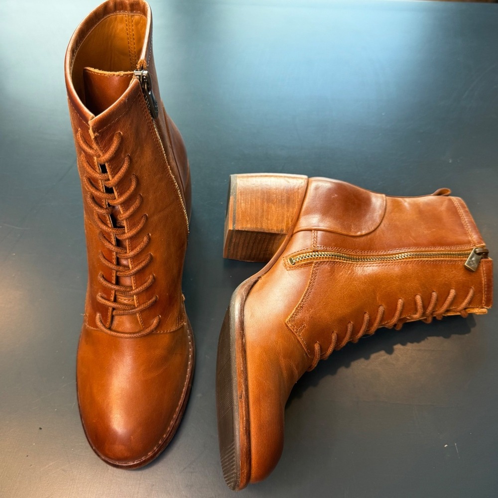 Patricia Nash Women 9.5 Tan Brown Leather Lace Up Ankle Combat Boots Boho Casual
